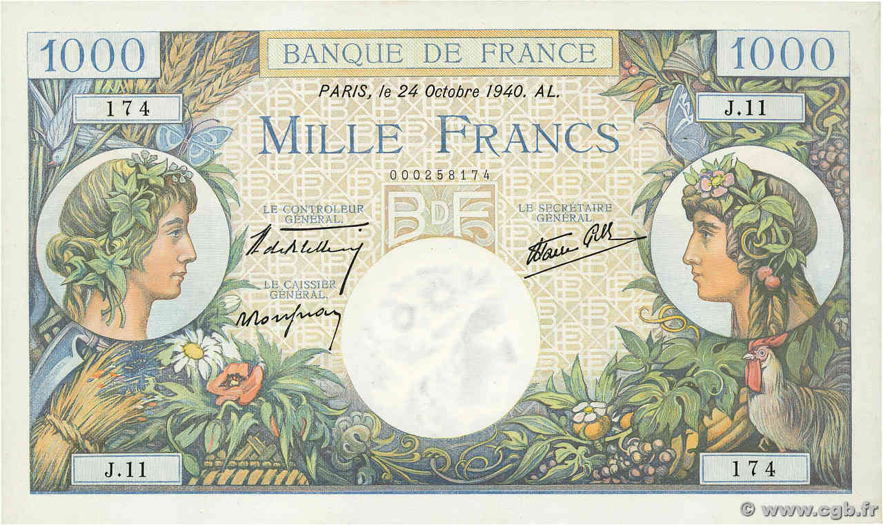 1000 Francs COMMERCE ET INDUSTRIE FRANCIA  1940 F.39.01 FDC