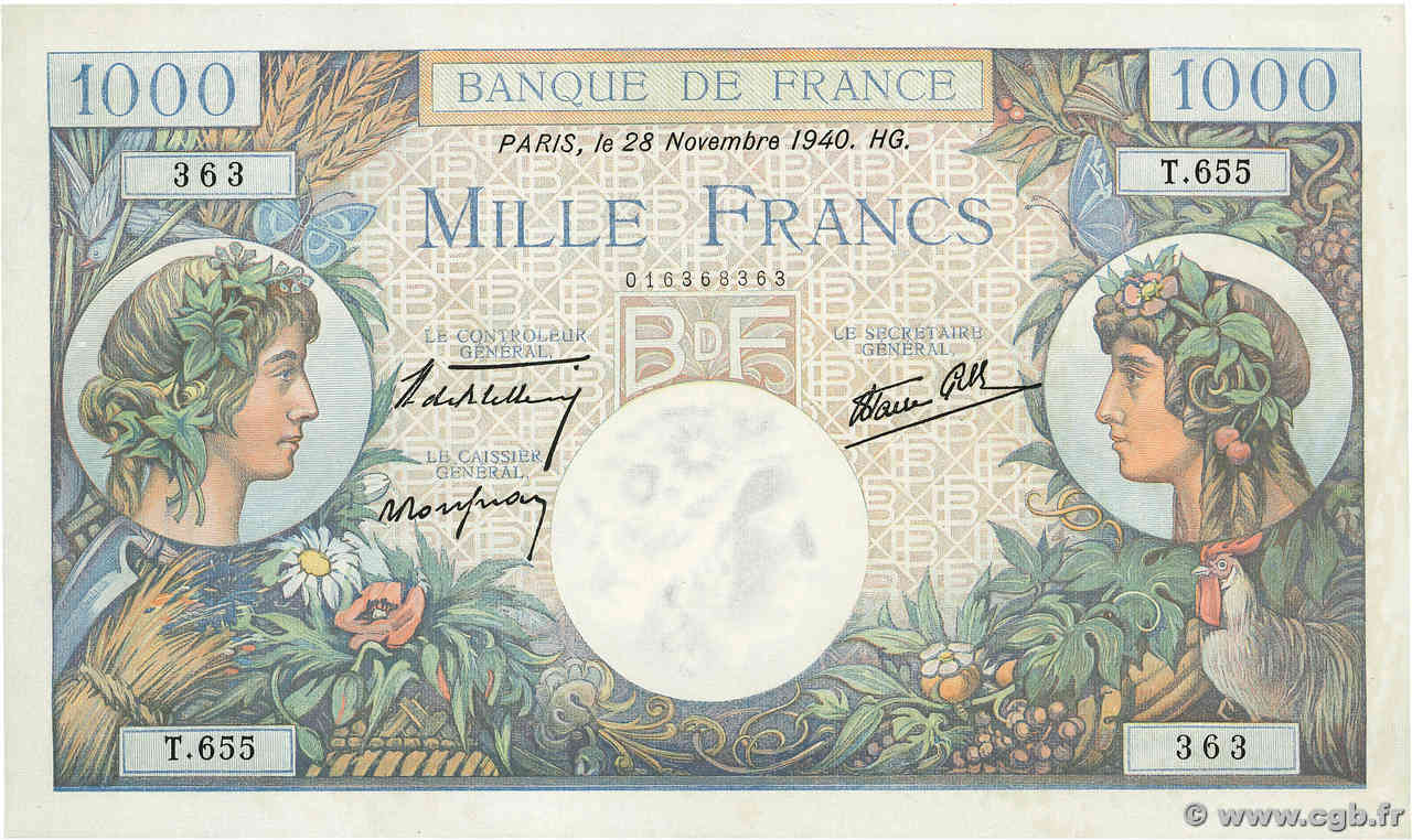 1000 Francs COMMERCE ET INDUSTRIE FRANCIA  1940 F.39.02 AU