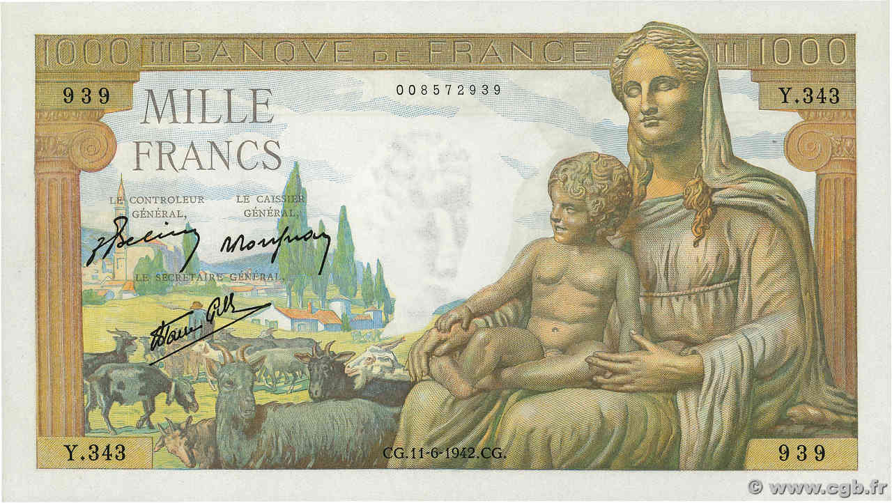 1000 Francs DÉESSE DÉMÉTER FRANKREICH  1942 F.40.02 fST+