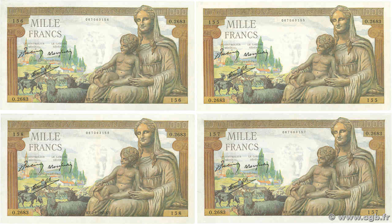 1000 Francs DÉESSE DÉMÉTER Consécutifs FRANCE  1943 F.40.15 AU