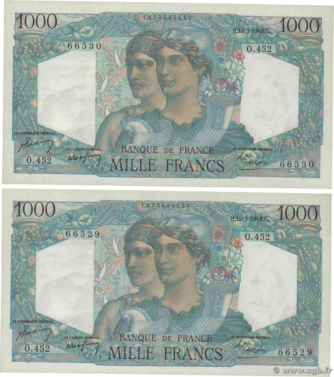 1000 Francs MINERVE ET HERCULE Consécutifs FRANCE  1948 F.41.22 NEUF