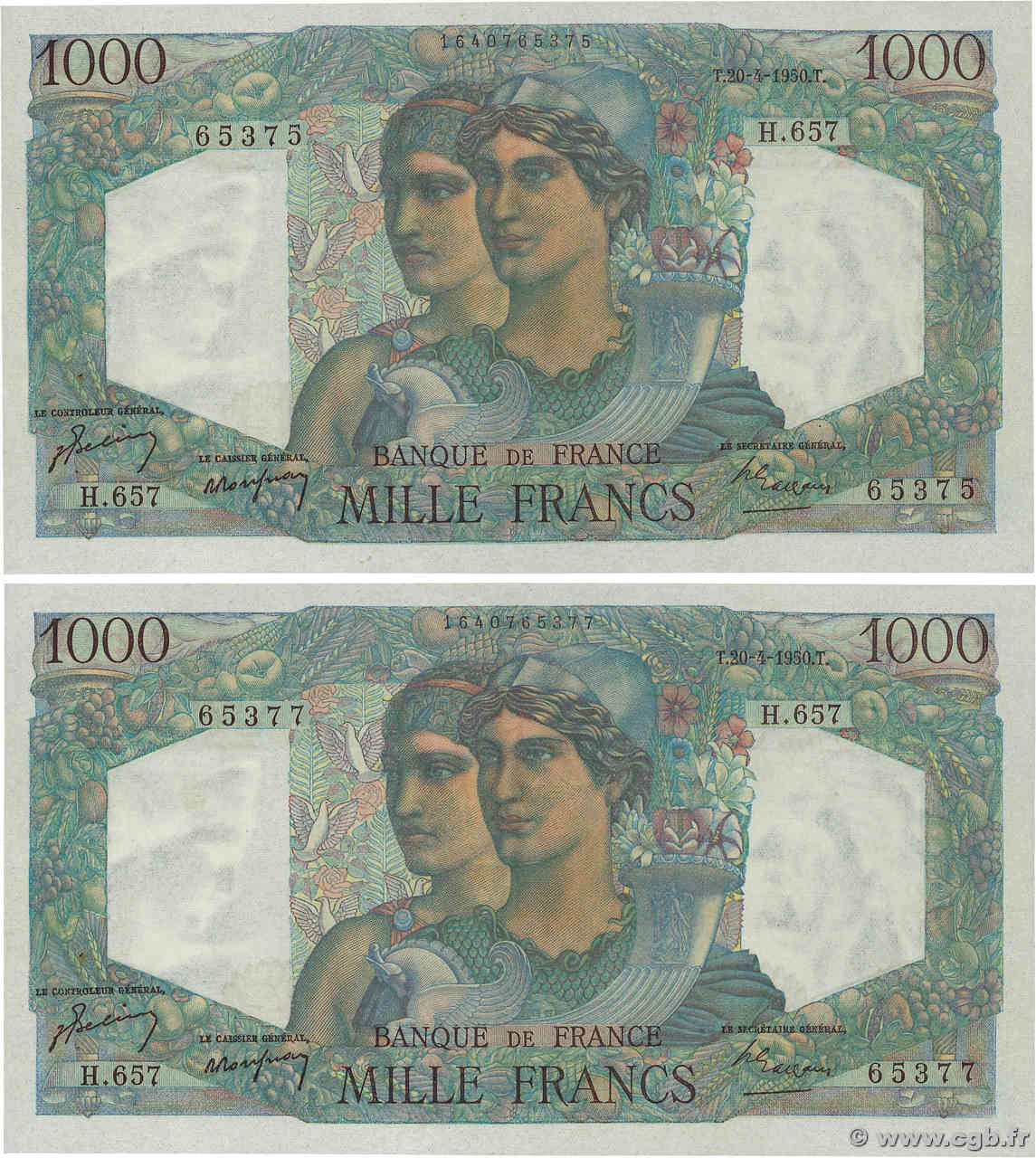 1000 Francs MINERVE ET HERCULE Lot FRANCE  1950 F.41.32 pr.SPL