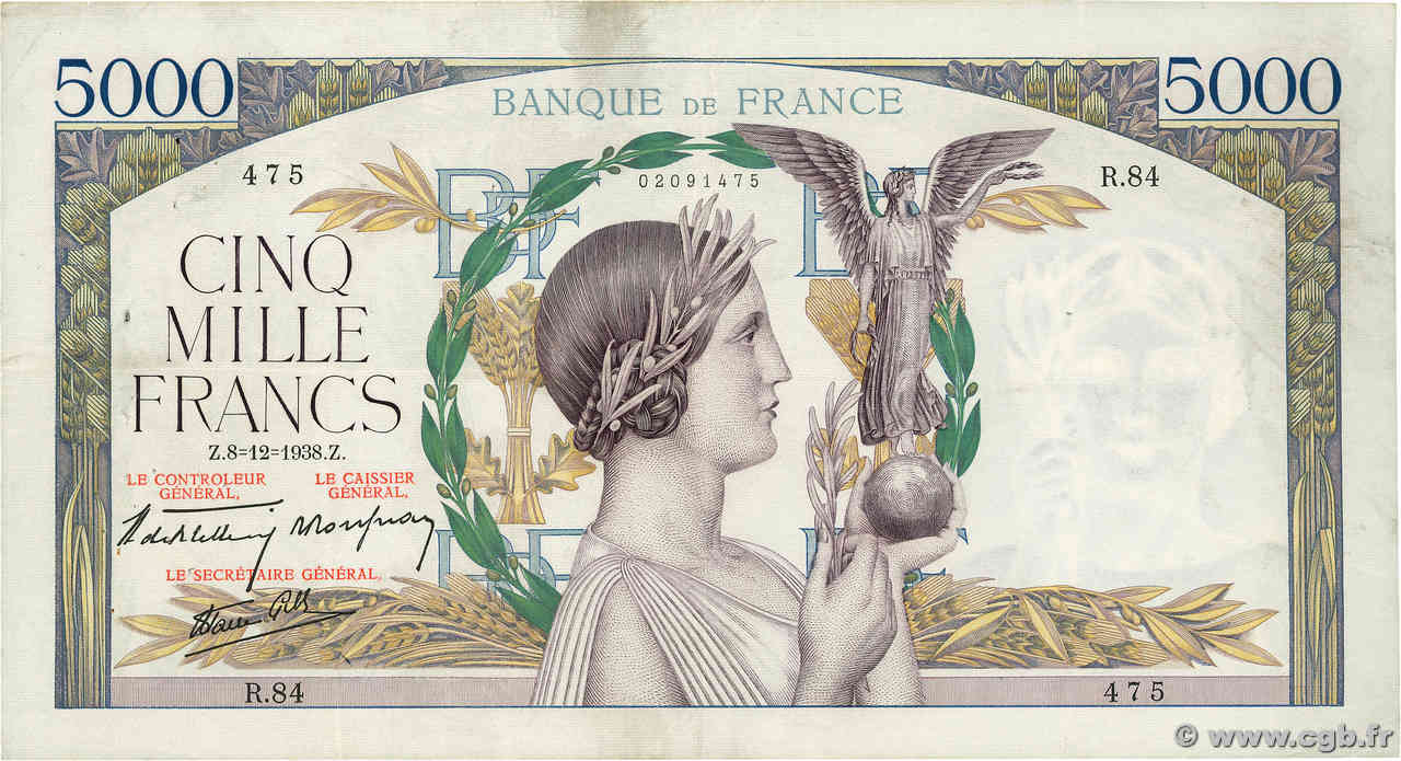 5000 Francs VICTOIRE Impression à plat FRANKREICH  1938 F.46.01 fSS