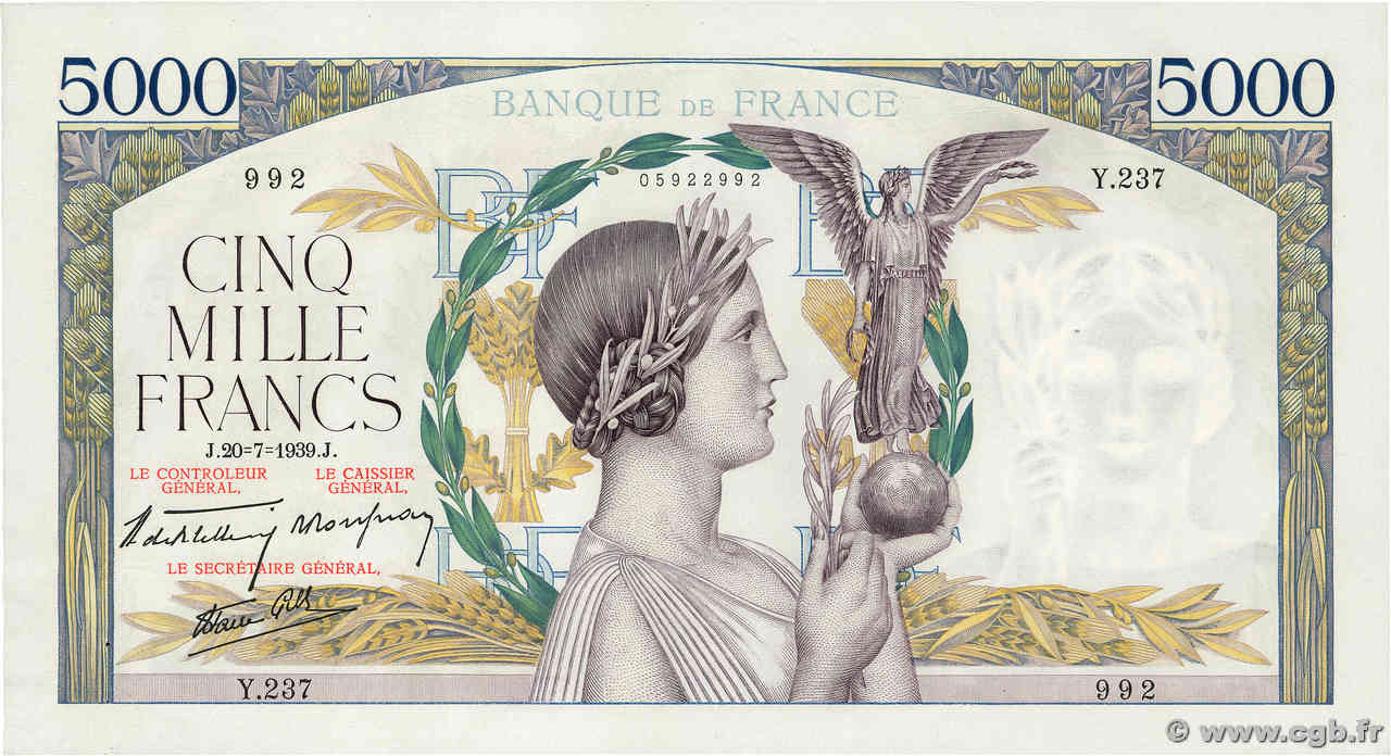 5000 Francs VICTOIRE Impression à plat FRANCE  1939 F.46.08 AU