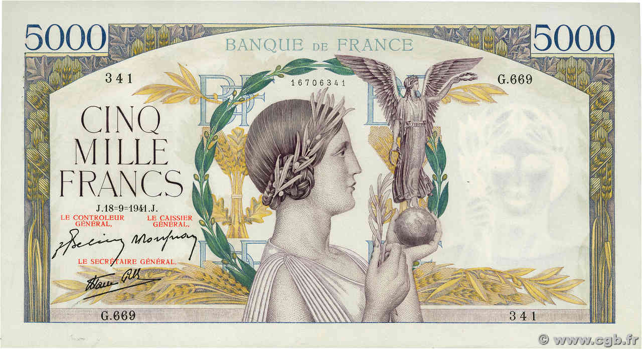 5000 Francs VICTOIRE Impression à plat FRANCE  1941 F.46.26 SUP+