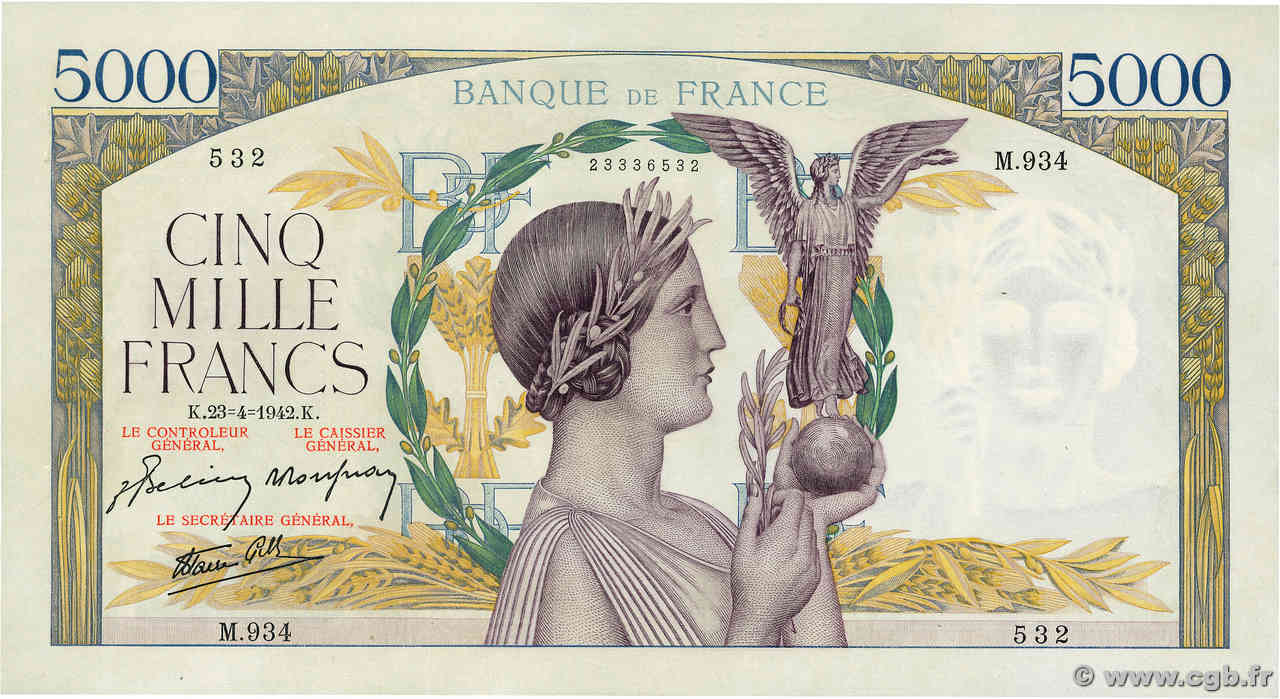 5000 Francs VICTOIRE Impression à plat FRANKREICH  1942 F.46.37 VZ+