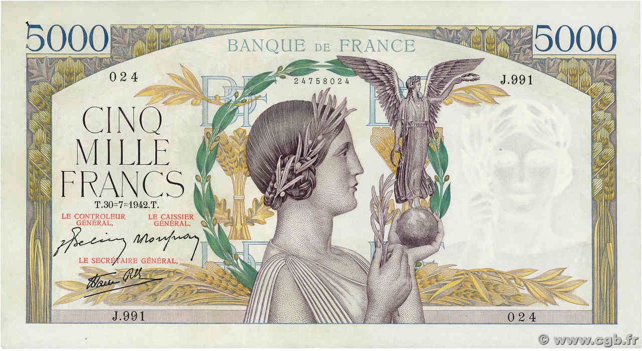 5000 Francs VICTOIRE Impression à plat FRANCIA  1942 F.46.39 AU
