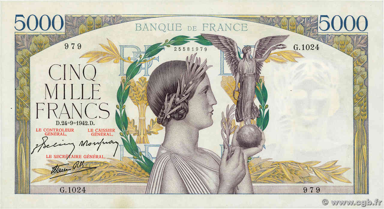 5000 Francs VICTOIRE Impression à plat FRANCE  1942 F.46.41 SPL