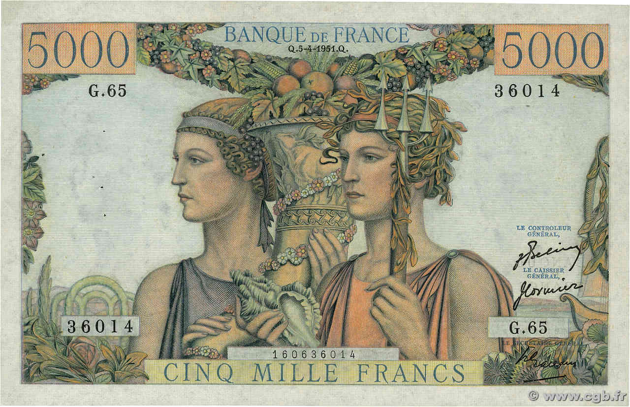 5000 Francs TERRE ET MER FRANKREICH  1951 F.48.04 fVZ
