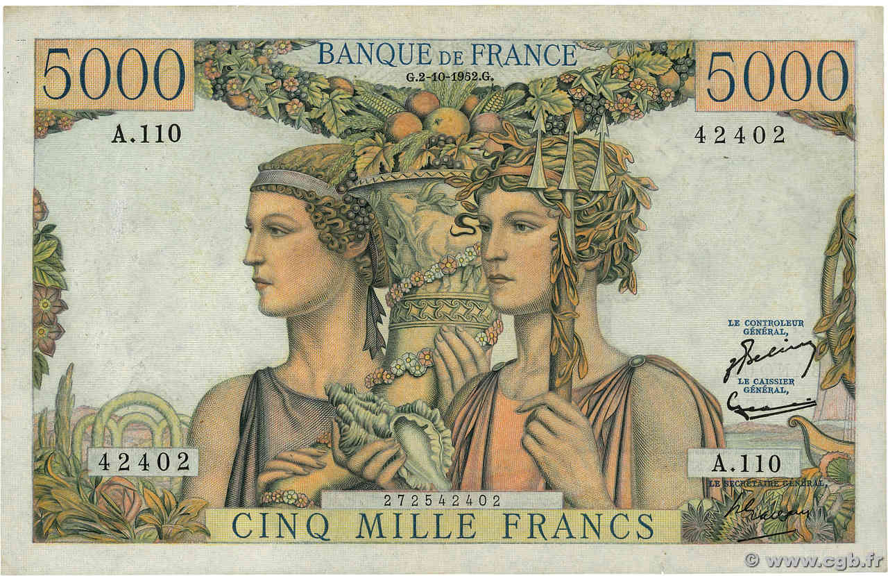 5000 Francs TERRE ET MER FRANKREICH  1952 F.48.07 fVZ