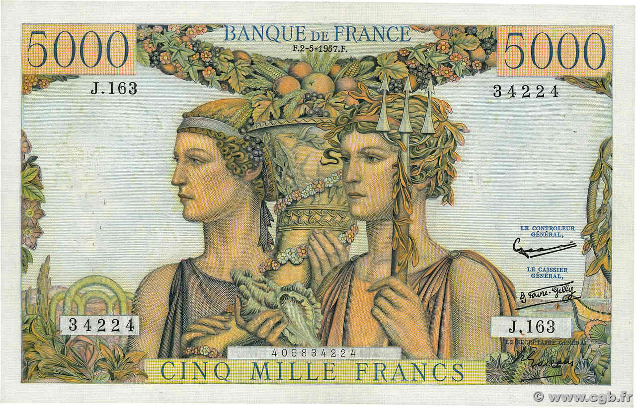 5000 Francs TERRE ET MER FRANCE  1957 F.48.14 VF