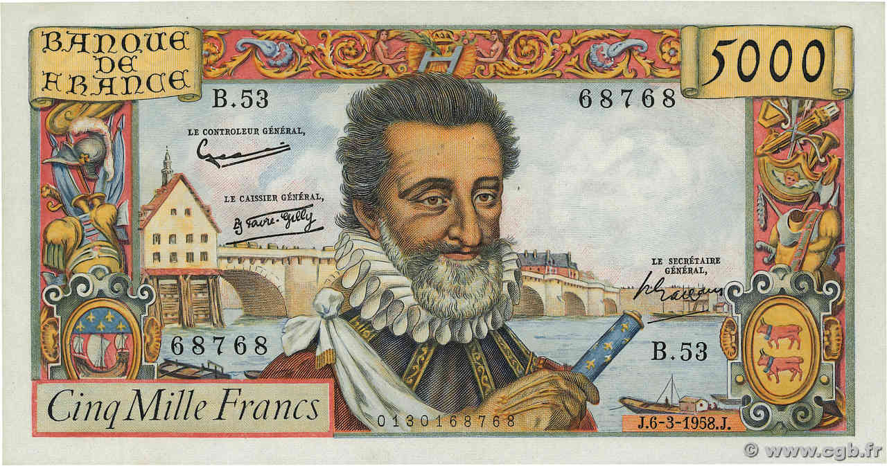 5000 Francs HENRI IV Numéro spécial FRANCE  1958 F.49.06 SUP