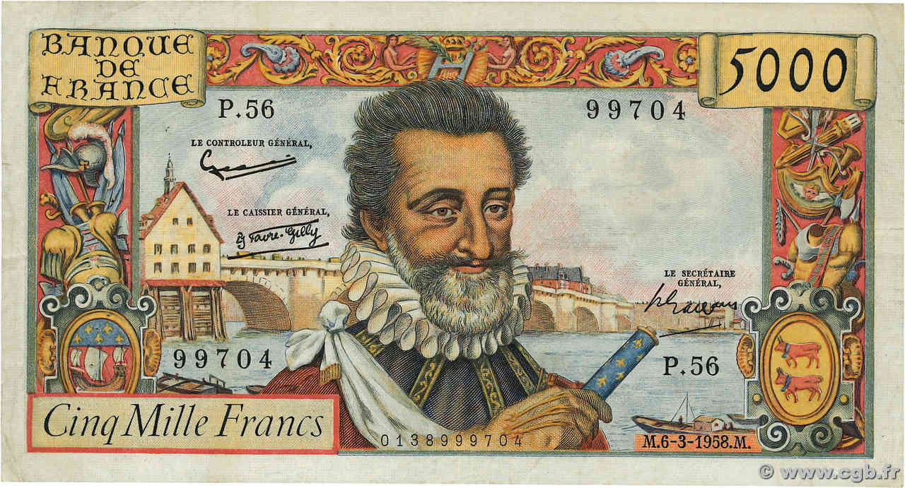 5000 Francs HENRI IV FRANKREICH  1958 F.49.06 SS