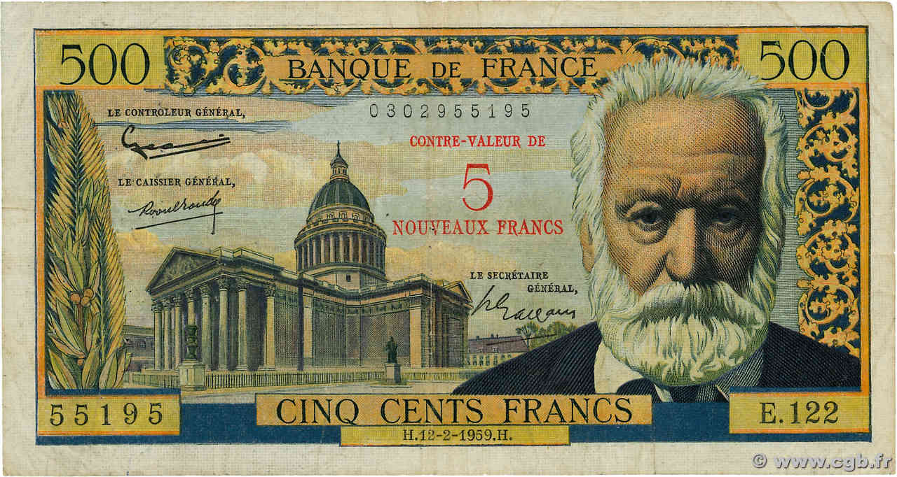 5 NF sur 500 Francs Victor HUGO FRANCE  1959 F.52.02 B+