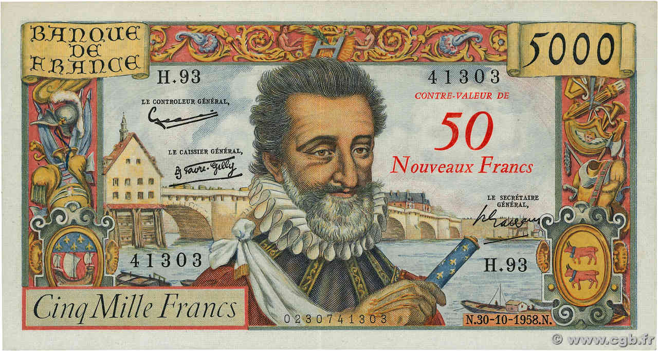 50 NF sur 5000 Francs HENRI IV FRANCE  1958 F.54.01 TTB+