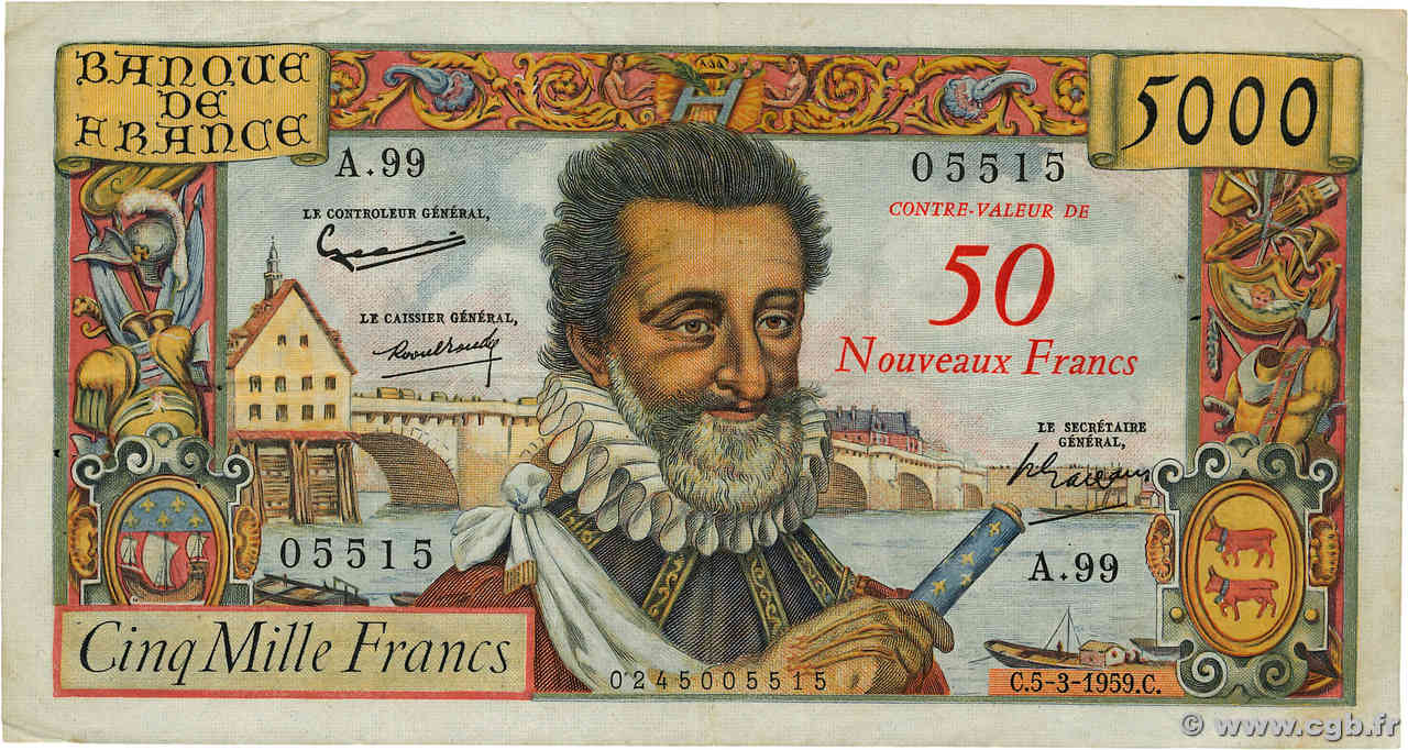 50 NF sur 5000 Francs HENRI IV FRANCIA  1959 F.54.02 q.BB