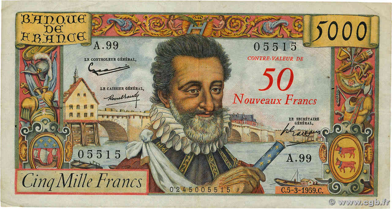 50 NF sur 5000 Francs HENRI IV FRANCE  1959 F.54.02 pr.TTB