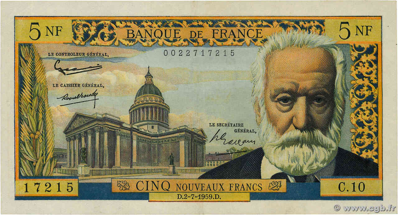 5 Nouveaux Francs VICTOR HUGO FRANCE  1959 F.56.02 pr.SUP