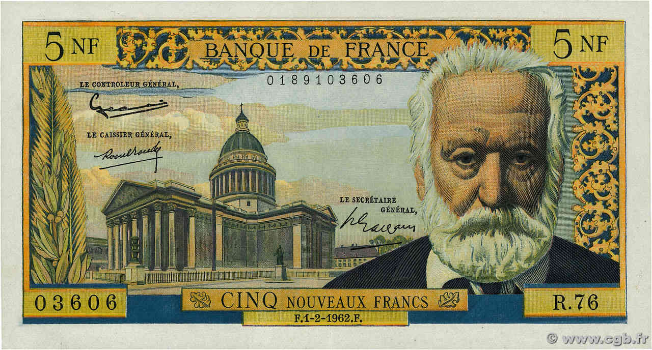 5 Nouveaux Francs VICTOR HUGO FRANCIA  1962 F.56.10 SC+