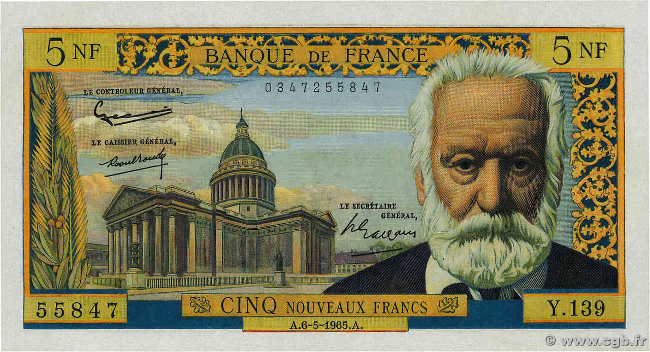 5 Nouveaux Francs VICTOR HUGO FRANCE  1965 F.56.18 pr.NEUF