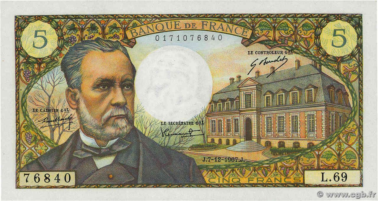 5 Francs PASTEUR FRANCIA  1967 F.61.06 q.AU
