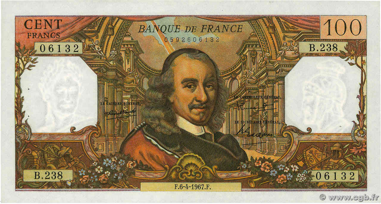 100 Francs CORNEILLE FRANKREICH  1967 F.65.17 fST