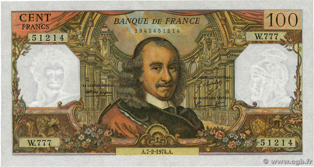 100 Francs CORNEILLE FRANCIA  1974 F.65.45 AU