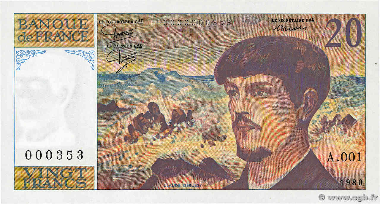 20 Francs DEBUSSY Petit numéro FRANKREICH  1980 F.66.01A1 fST+