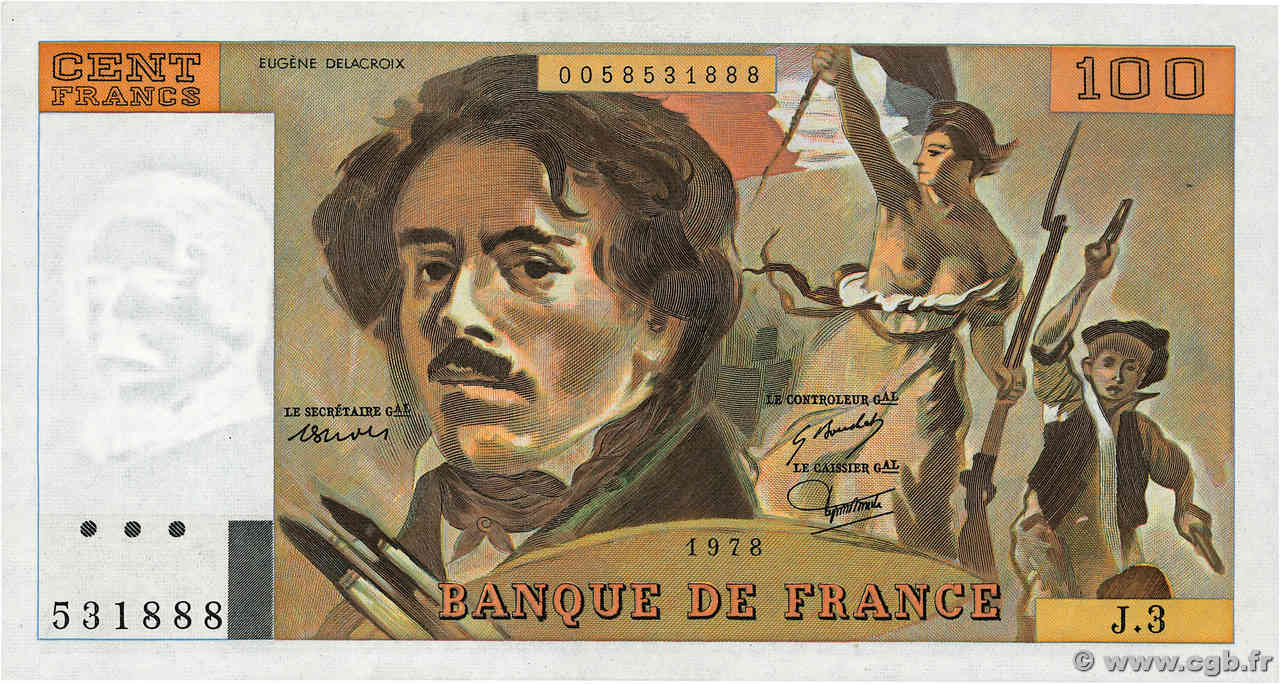 100 Francs DELACROIX FRANCE  1978 F.68.03 UNC-