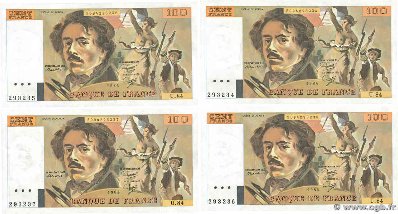 100 Francs DELACROIX modifié Consécutifs FRANCE  1984 F.69.08a SPL