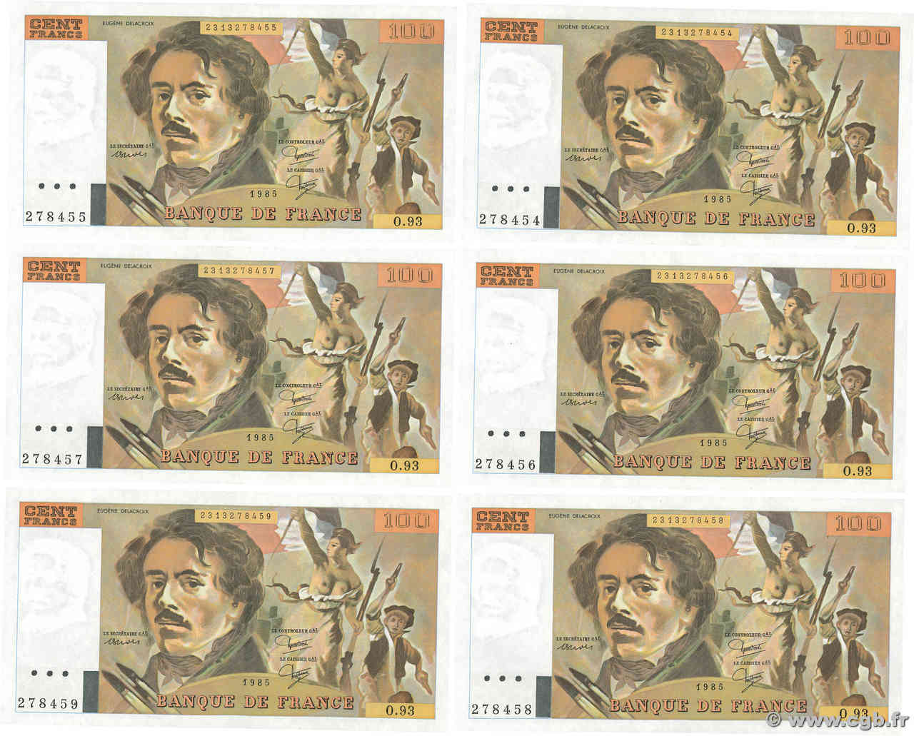 100 Francs DELACROIX modifié Consécutifs FRANCIA  1985 F.69.09 AU