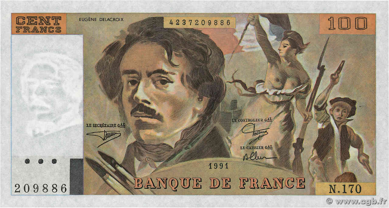 100 Francs DELACROIX imprimé en continu FRANCIA  1991 F.69bis.03a1a SC+