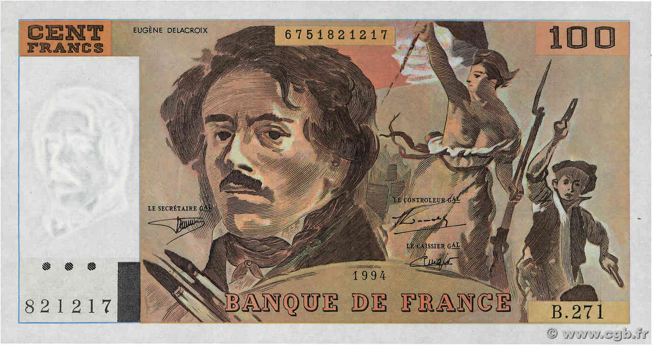 100 Francs DELACROIX 442-1 & 442-2 FRANCE  1994 F.69ter.01a UNC-