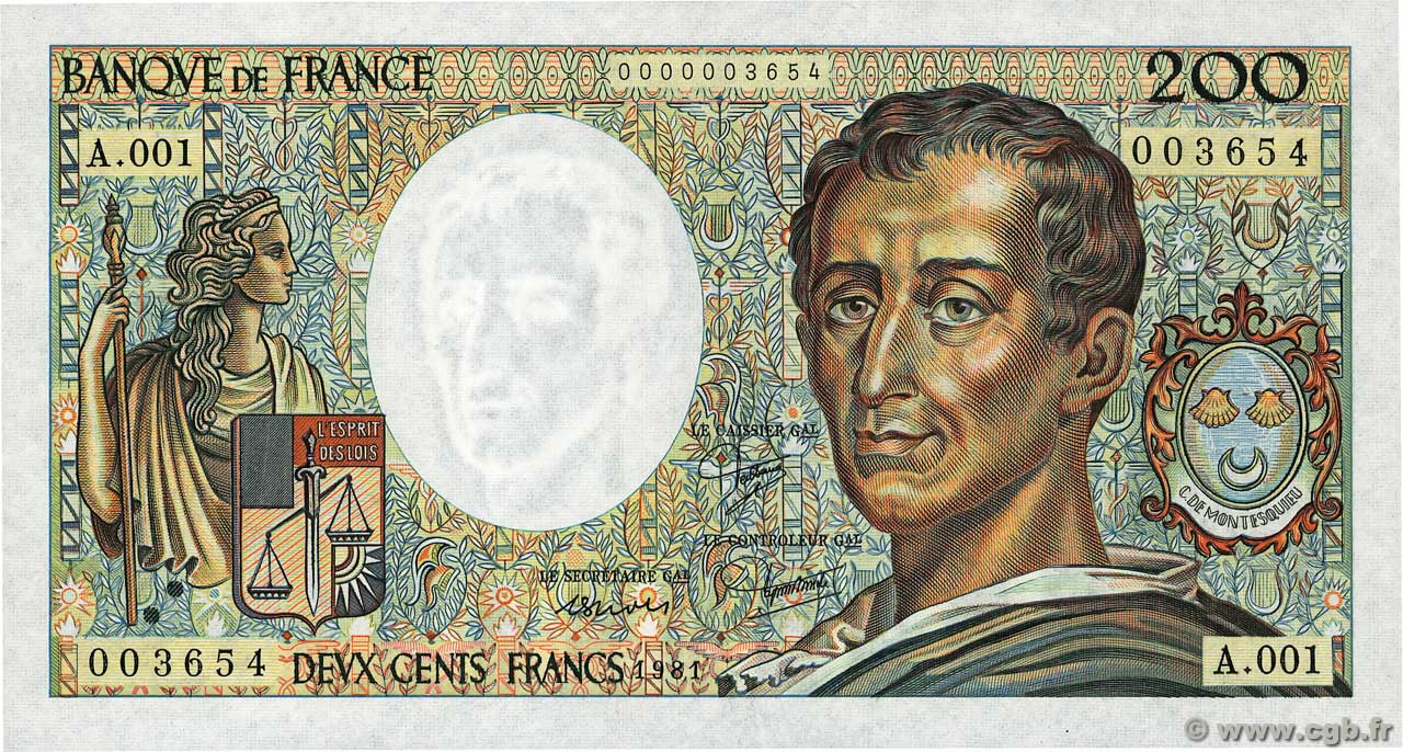 200 Francs MONTESQUIEU Petit numéro FRANCIA  1981 F.70.01A1 SC+