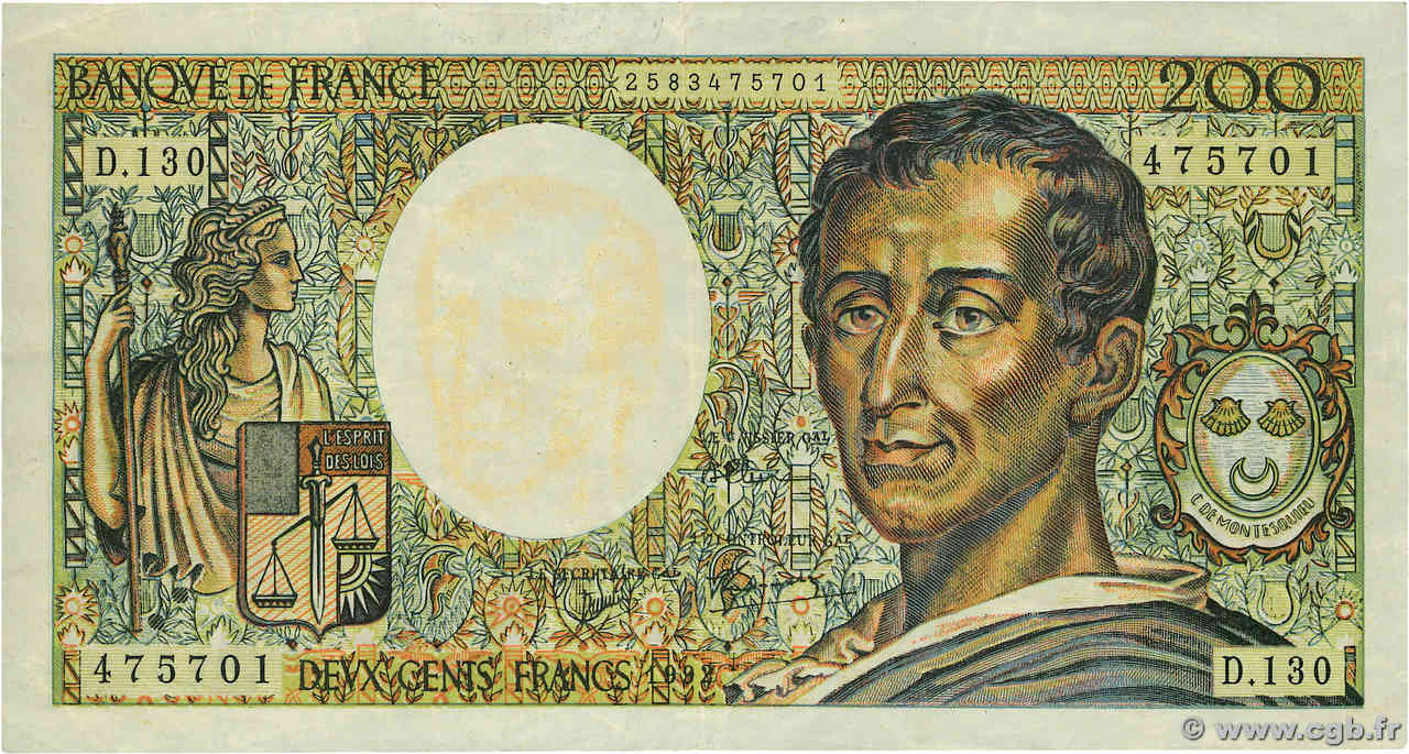 200 Francs MONTESQUIEU Faux FRANCIA  1992 F.70.12cx MBC+