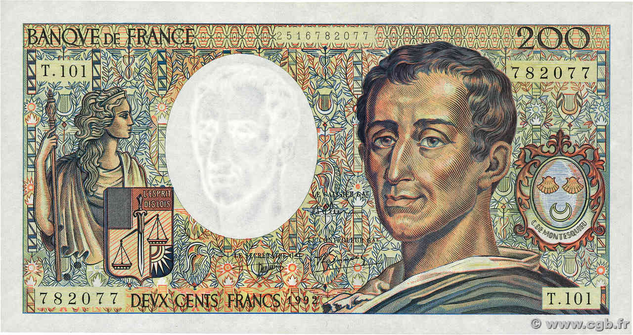 200 Francs MONTESQUIEU alphabet 101 FRANCIA  1992 F.70Bis.01 EBC