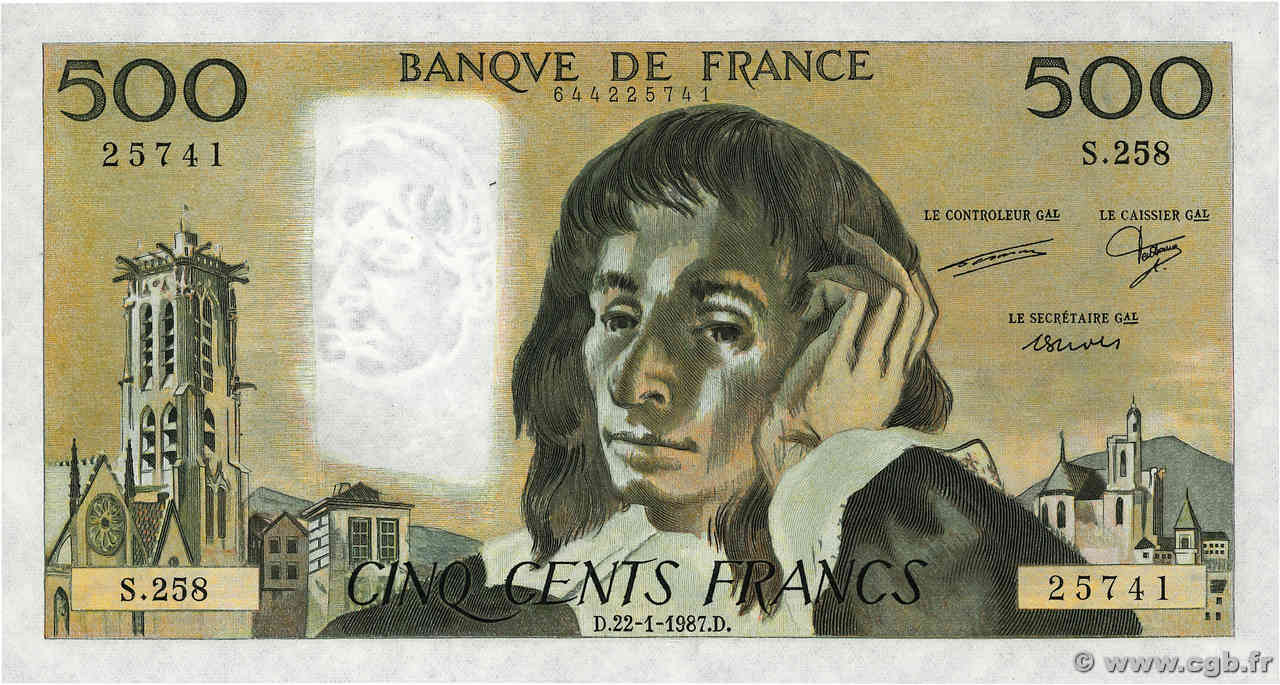 500 Francs PASCAL FRANCIA  1987 F.71.36 FDC