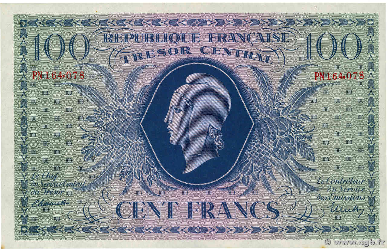 100 Francs MARIANNE FRANKREICH  1943 VF.06.01g ST