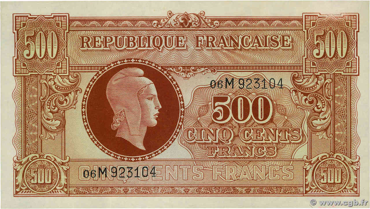 500 Francs MARIANNE fabrication anglaise FRANCIA  1945 VF.11.02 SC+