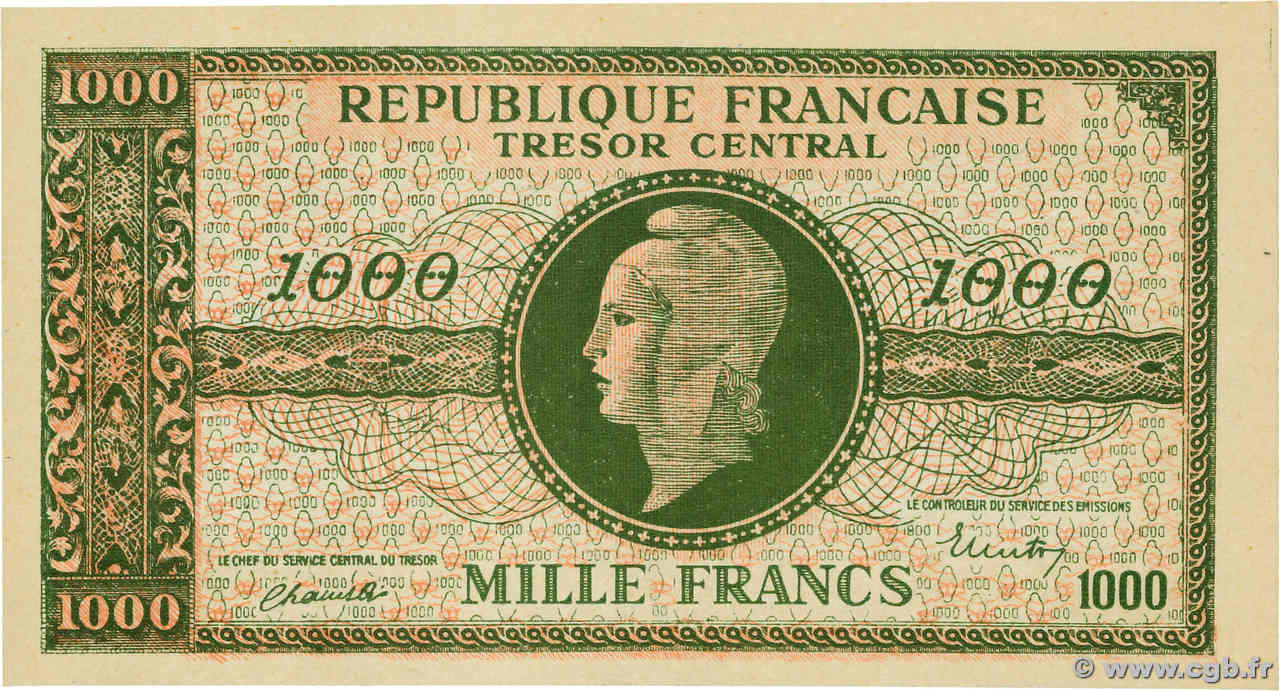 1000 Francs MARIANNE BANQUE D ANGLETERRE Faux FRANCIA  1945 VF.12.01x FDC