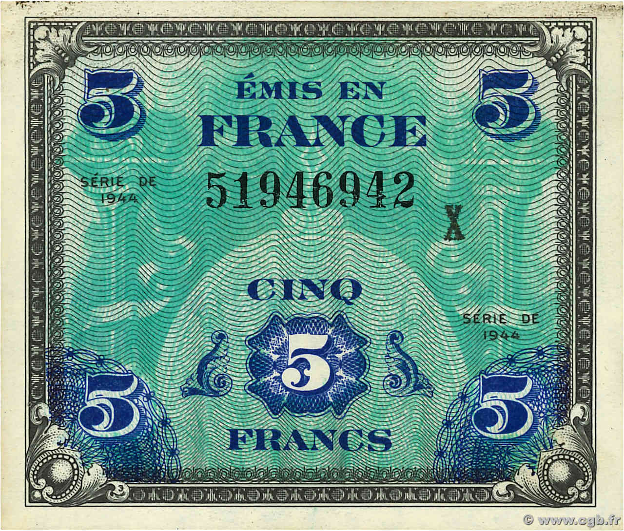 5 Francs DRAPEAU Faux FRANKREICH  1944 VF.17.03x VZ