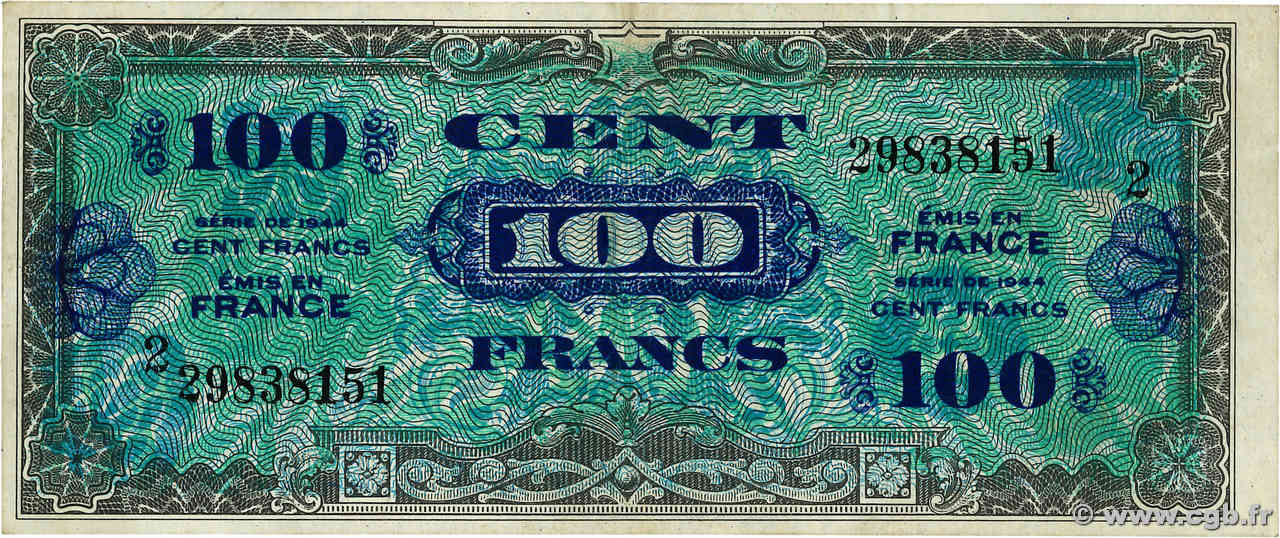 100 Francs DRAPEAU FRANCE  1944 VF.20.02 VF+