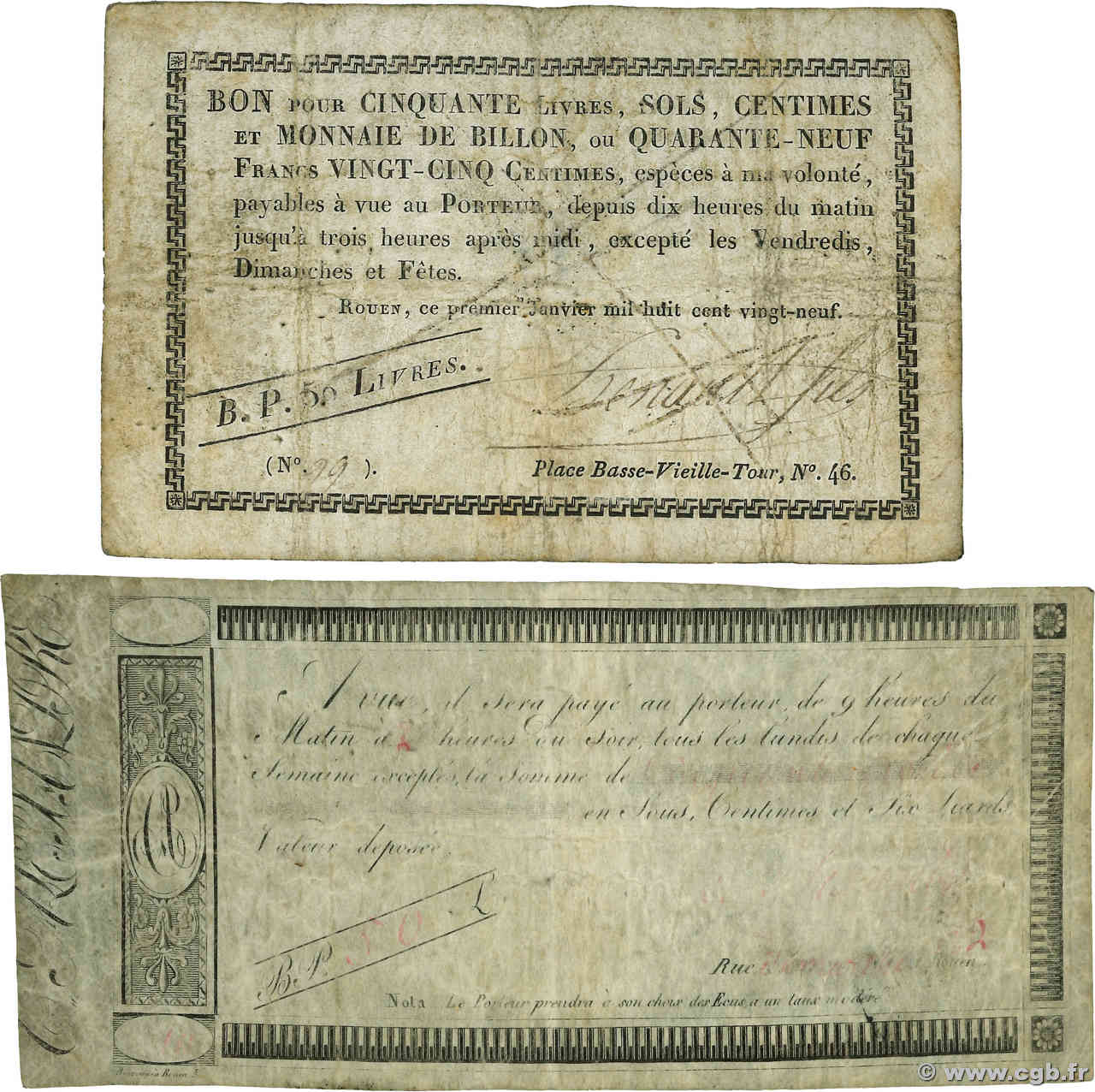 50 Livres Lot FRANCE regionalismo y varios Rouen 1829  BC