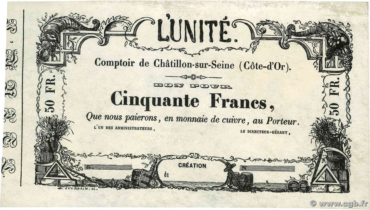 50 Francs Non émis FRANCE régionalisme et divers Châtillon-sur-Seine 1870 - SPL