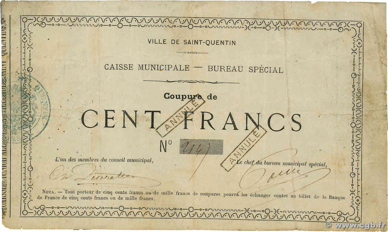 100 Francs Annulé FRANCE regionalism and various Saint-Quentin 1870 JER.02.18f F