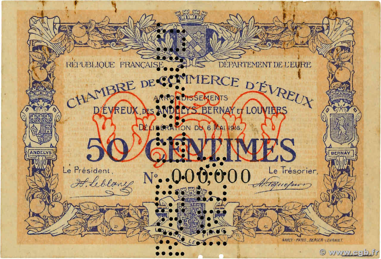 50 Centimes Spécimen FRANCE regionalismo e varie Évreux 1916 JP.057.04(var) q.SPL