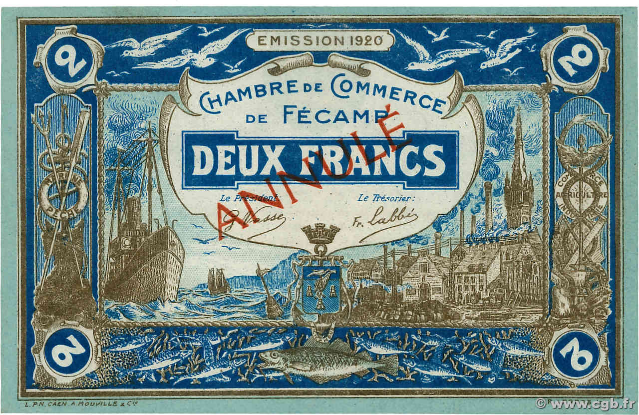 2 Francs Annulé FRANCE regionalism and various Fécamp 1920 JP.058.06 AU