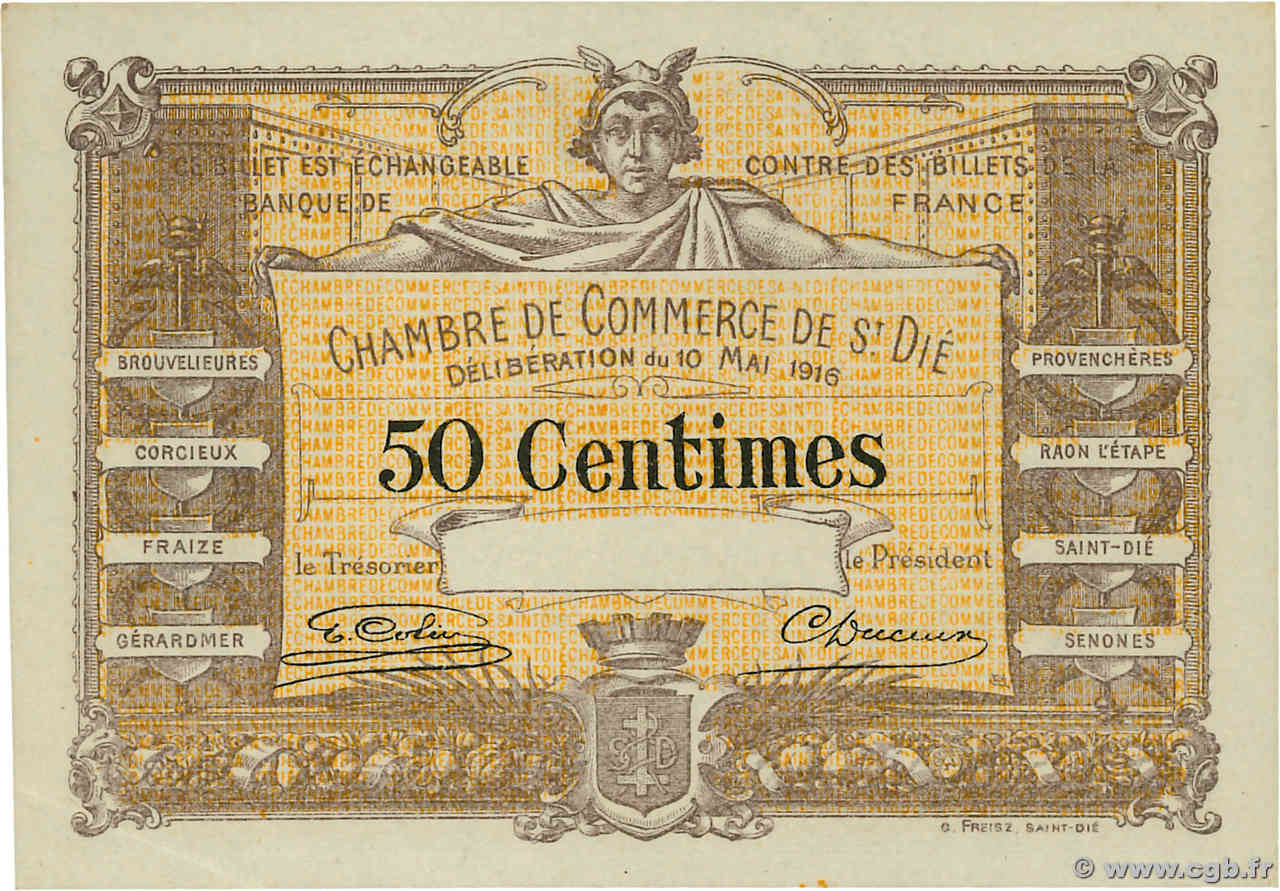 50 Centimes Spécimen FRANCE regionalism and miscellaneous Saint-Die 1916 JP.112.06 XF