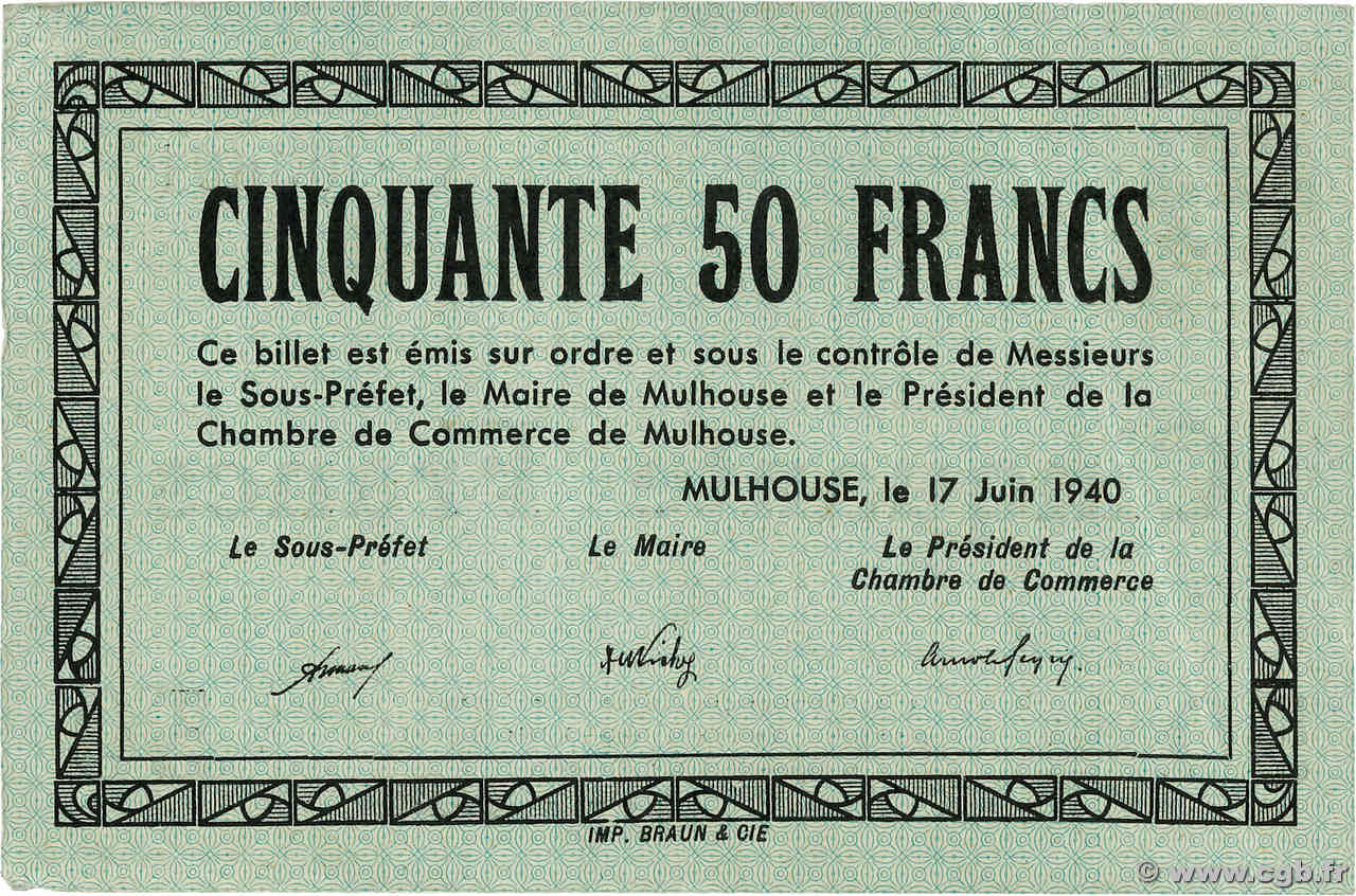 50 Francs FRANCE Regionalismus und verschiedenen Mulhouse 1940 BU.52.01 VZ