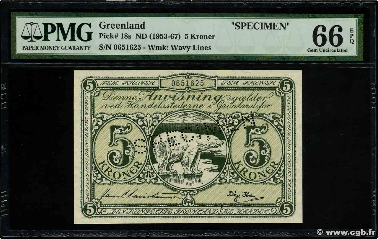 5 Kroner Spécimen GROENLAND  1953 P.18 NEUF